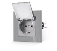 JIMEIDA Presa in vetro grigio con copertura impermeabile con gancio da 16 Amp Schuko presa in vetro temperato da parete 86 x 86 mm