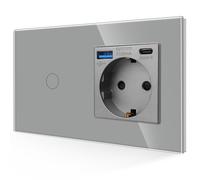 JIMEIDA Presa USB da 20 W, ricarica rapida con interruttore della luce in grigio, 16 A, presa Schuko 3 in 1, da incasso con 1 caricatore USB e 1 porta di tipo C, 1 interruttore da parete con LED di