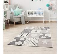 Jimri Tappeto per cameretta dei bambini, motivo patchwork con cuori, stelle e nuvole, unisex, colore: blu, grigio e rosa