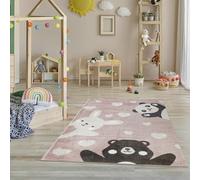 Jimri Tappeto per la cameretta dei bambini con fantasie come montagne, orsi, conigli, panda e cuori - colore: rosa chiaro - 80 x 150 cm