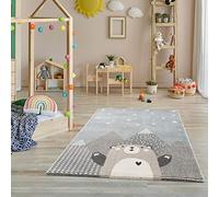 Jimri Tappeto per la cameretta dei bambini con fantasie come montagne, orsi, conigli, panda e stelle - colore: turchese e beige - 120 x 170 cm