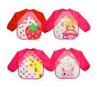 JinBei Bambina Bavaglino con Maniche, Bimba Impermeabili Lavabile Manica Lunga 4PCS Bavaglini, Asilo Facilmente Pittura Giocare Mangiare EVA Impermeabile Bavette Set, Orso Giraffa Fragola Coniglio