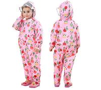 JinBei Bambina Impermeabile Antipioggia Giacca Tuta Bambine da Pioggia con Cappuccio Ragazza Rosa Floreale Ragazze Tasca Cerniera Portatile Sportivo Pantaloni Impermeabili Scuola 3-5 Anni