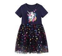JinBei Bambina Unicorno Vestito Paillettes Tulle Abito Ragazza Cotone Casuale Manica Corta T-Shirt Vestito Estate Animale Cavallo Bambine e Ragazze Abiti per 4-5 Anni, Blu Navy