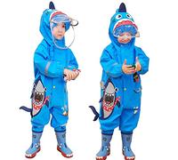 JinBei Bambini Impermeabile Antipioggia Giacca Tuta Bambino con Cappuccio Blu 3D Squalo Pioggia Cappotto Traspirante Leggero con Striscia Riflettente Poncho per Ragazzo Cerniera Bimbo 1-2 Anni
