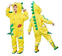 JinBei Bambini Impermeabile Antipioggia Giacca Tuta Bambino con Cappuccio Dinosauro 3D Giallo Traspirante Leggero con Striscia Riflettente Poncho Pantaloni per Ragazzo Bottoni Cerniera Bimbo 1-2 Anni