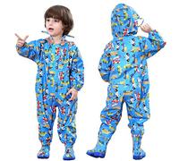 JinBei Bambini Impermeabile Bambino da Pioggia con Cappuccio Antipioggia Giacca Tuta Ragazzi Auto Blu Autobus Ragazzo Tasca Cerniera Portatile Sportivo Pantaloni Impermeabili Scuola 5-7 Anni