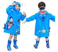 JinBei Impermeabile Bambini Poncho Pioggia con Cappello a Tesa Trasparente Strisce Riflettenti Ragazzi Giacche con Tasca Bottoni Cerniera Raincoat Stampa Squalo Blu 2-3 Anni