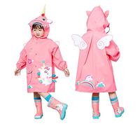 JinBei Impermeabile Bambini Poncho Pioggia con Cappello a Tesa Trasparente Strisce Riflettenti Ragazze Giacche con Tasca Bottoni Cerniera Raincoat Stampa Unicorno Rosa 4-6 Anni