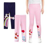 JinBei Leggings Bambina Cotone Morbido Traspirante 2pcs capr Pants con Motivo Rosa Strisce Blu Navy Arcobaleno Unicorni Comoda Vita Elasticizzata Pantaloni, Abbigliamento Bambina e Ragazza, 4-5 Anni