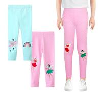 JinBei Leggings Bambina Cotone Morbido Traspirante capr Pants con Motivo Rosa Pois Blu Cielo Unicorni Comoda Vita Elasticizzata Pantaloni, Abbigliamento Bambina e Ragazza, Confezione da 2, 4-5 Anni
