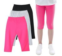 JinBei Leggings Corti Bambina 3/4 Pantaloni Capri, 3 Paia Ragazze Estivi Elasticizzati Morbido Sport Ciclismo Danza Pantaloncini Bambini Sportivi Shorts Legging 4-5 Anni, Nero Grigio Rosa