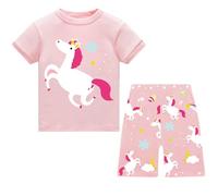 JinBei Pigiama Corto 2 Pezzi da Bambina, Estivo Cotone Rosa Unicorno Pigiami Due Pezzi Bimba da Notte a Maniche Corte, Manica Corta e Pantaloncini Set, Ragazze Abbigliamento per 5-6 Anni