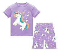 JinBei Pigiama Corto 2 Pezzi da Bambina, Estivo Cotone Viola Unicorno Pigiami Due Pezzi Bimba da Notte a Maniche Corte, Manica Corta e Pantaloncini Set, Ragazze Abbigliamento per 4-5 Anni