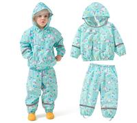 JinBei Tuta Impermeabile Bambino Leggero Tuta Pioggia Bambina con Cappuccio Traspirante Pantaloni e Giacca Antipioggia Impermeabili Spezzata con Strisce Riflettenti Unisex Verde 6-7 Anni