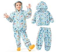 JinBei Tuta Pioggia Bambino Leggero Tuta Impermeabile Bambina con Cappuccio Traspirante Pantaloni e Giacca DinosauroModello Completo Antipioggia con Strisce Riflettenti Blu 1-2 Anni