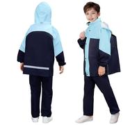JinBei Tuta Pioggia Bambino Ragazzi Leggero Tuta Impermeabile con Cappuccio Pantaloni e Giacca Antipioggia con Strisce Riflettenti 2 pezzi Impermeabili Completo per Scuola Camping, 11-12 Anni