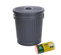 Jinfa | Set da 1 Bidone in metallo con manici e coperchio + 50 sacchetti per pattumiera | Nero | 18L