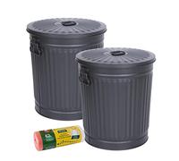 Jinfa | Set da 2 Bidone in metallo con manici e coperchio + 30 sacchetti per pattumiera | Nero | 62L
