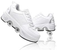 JinFugron Scarpe con Ruote, Pattinaggio per Bambini, Scarpe con Ruote Multiuso 2 in 1 Pattini Quad Ruote Sneakers alla Moda, Sneakers per Regalo di Compleanno per Ragazzi e Ragazze, Bianco argento, 37