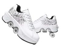JinFugron Scarpe da Scooter, Scarpe con Ruote, per Ragazze, da Skateboard, Comode e Traspiranti, per Quad, Pattini Regolabili, con Ruote Nascoste - White, 36 EU