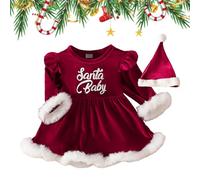 JINGAN Abito da Bambina Completo Natalizio con Stampa Babbo Natale a Maniche Lunghe e Cappello - Rosso, Stampa con Lettera, Silhouette Principessa, Per Bambini di Età Compresa tra 0 e 2 Anni