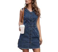 JINGBDO Abito in Denim Vintageabiti Corti in Denim Abbottini Domani Casual A V Maniche Abiti in Jeans in Denim Senza Maniche Abiti in Denim Midi Senza Maniche-Blu-L