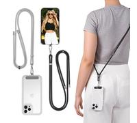 JINGIHE 2 cordini da 150 cm per telefono, retro adesivo senza attrezzi, cinturino universale regolabile da collo/polso per iPhone, Samsung e tutti gli smartphone (grigio e nero)