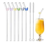 JINGIHE 6 Pezzi Cannucce Vetro Riutilizzabili con 2 Spazzole Ecologiche Disegno Farfallino Colorato Forma Fantasia 8mm*200mm Adatte per Bubble Tea Cocktail Caffè Latte Frullati Casa Bar