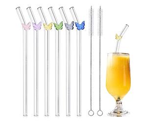 JINGIHE 6 Pezzi Cannucce Vetro Riutilizzabili con 2 Spazzole Ecologiche Disegno Farfallino Colorato Forma Fantasia 8mm*200mm Adatte per Bubble Tea Cocktail Caffè Latte Frullati Casa Bar