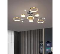 JINGKER Luce a sospensione di cristallo LED dimmerabile Nero Oro con telecomando Lampadario, 3000K-6000K 70W Plafoniera a più teste per soggiorno camera da letto sala da pranzo (6+1 teste)