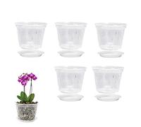 JINGLING LING 5 vasi per fiori in plastica trasparente, con foro di scarico e sottovaso, 14 cm, rotondi, per orchidee, gigli della pace e piante da appartamento