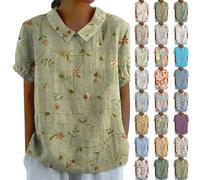 Jingmcdy Maglia da donna in lino, stile floreale, scollo rotondo, maglione largo, per il tempo libero, maglietta da donna, girocollo, 2024, a maniche corte, estiva, autunno, profumata, canapa,