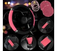 JINGSEN 11 pezzi Set di accessori per auto in pelle con strass scintillanti Coprivolante scintillante per donna Cuscino per bracciolo della conso