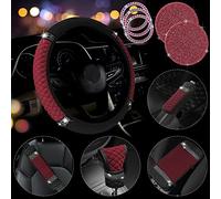 JINGSEN Set completo di 11 accessori per auto in pelle con strass luccicanti, coprivolante da donna, per console centrale, bracciolo, cintura, freno a mano e cambio, set completo per auto SUV (rosso