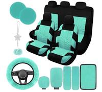 JINGSEN Set completo di coprisedili per auto da donna, coprisedili per auto universali, coprivolante in soffice lana, freno a mano e sospensioni, accessori completo per SUV (fantasia verde menta)