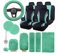 JINGSEN Set completo di coprisedili per auto da donna, set completo di coprisedili per auto in peluche, coprivolante in soffice lana, freno a mano e accessori con sospensioni, SUV (verde menta)