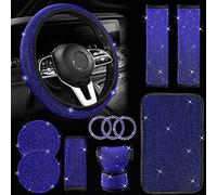Jingsen, Set di 11 accessori per auto con strass, set di accessori per auto da donna, coprivolante da donna, misura universale da 38 cm, con strass (blu)