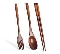 JINGYAN Bacchette Spoon, fork and chopsticks portable 3-piece wooden cutlery set kitchen utensils natural environment-friendly cutlery(Brown)