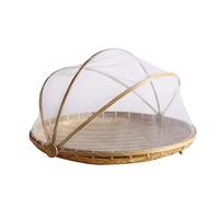 JINGYAN Cestini e panieri da picnic Handmade Woven Fruit Vegetable Basket Mosquito Bug Proof Net Round Dustproof Wicker Picnic Tray Food Bread Gauze Cover(S)