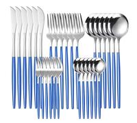 JINGYAN Cucchiai Gold Dinnerware Set Stainless Steel Steak Knife Fork Coffee Spoon Teaspoon Flatware Dishwasher Safe Kitchen Tableware Set(Blue Silver)