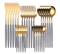 JINGYAN Cucchiai Gold Dinnerware Set Stainless Steel Steak Knife Fork Coffee Spoon Teaspoon Flatware Dishwasher Safe Kitchen Tableware Set(Grey Gold)