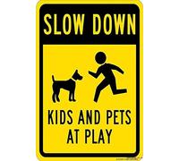 JINKAIRUI Cartello stradale di avvertimento Slow Down - Kids Pets at Play Graphic, nero su giallo, metallo metallo decorazione da parete segnale di avvertimento di sicurezza per esterni e interni