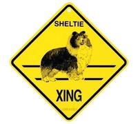 JINKAIRUI Targa in metallo con scritta "Sheltie Xing Caution Crossing Dog", 20,3 x 20,3 cm, decorazione da parete per interni ed esterni
