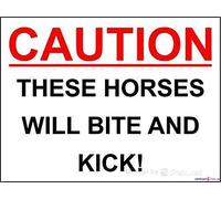 JINKAIRUI Targa in metallo retrò da parete con scritta "Caution these horses will bite & kick", cartello di avvertimento in alluminio, resistente, targa decorativa vintage stampata