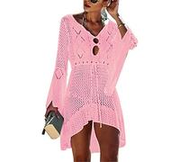 Jinsha Vestiti-Abito Sexy-Copri Costumei-da Spiaggia - Woman Dress Scollo a V-Collo Maglia Uncinetto Camicia Boho Pareo Top Tunica Cover up da Spiaggia Bikini Beach Bagno Mare Estivo Donna Rosa