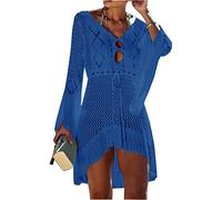 Jinsha Vestiti-Abito Sexy-Copri Costumei-da Spiaggia - Woman Dress Scollo a V-Collo Maglia Uncinetto Camicia Boho Pareo Top Tunica Cover up da Spiaggia Bikini Beach Bagno Mare Estivo Donna Blu