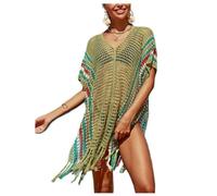 Jinsha Vestiti-Abito Spiaggia-Bikini Beach-Copri Cover-up - Woman Dress Corto Costumei Uncinetto Maglia Scollo V-Collo Camicia Boho Pareo Top Tunica da Spiaggia Bagno Mare Estivo Donna Vestiti Gonna