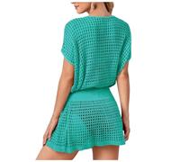 Jinsha Vestiti-Abito Uncinetto-Copri Costumei-Spiaggia Cover-up - Woman Dress Scollo a V-Collo Maglia Camicia Boho Pareo Top Tunica da Spiaggia Bikini Beach Bagno Mare Estivo Donna Vestiti(Verde