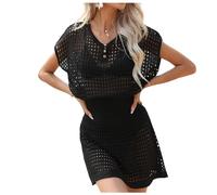 Jinsha Vestiti-Abito Uncinetto-Copri Costumei-Spiaggia Cover-up - Woman Dress Scollo a V-Collo Maglia Camicia Boho Pareo Top Tunica da Spiaggia Bikini Beach Bagno Mare Estivo Donna Vestiti(Nero
